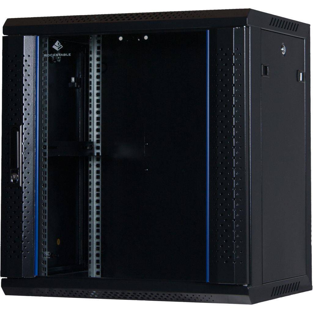 Rockstable 12HE Netzwerkschrank, Serverschrank - 19 Zoll Wandmontage - (BxTxH) 600x440x637mm mit Glastür - Schwarz - Abschließbar - Vormontiert - Tr