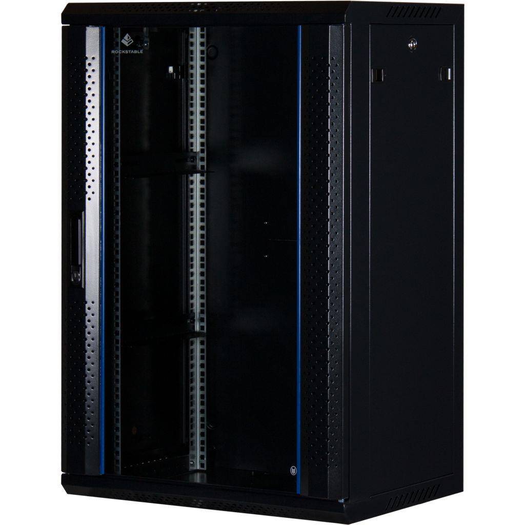 Rockstable 18HE Netzwerkschrank, Serverschrank - 19 Zoll Wandmontage - (BxTxH) 600x440x900mm mit Glastür - Schwarz - Abschließbar - Vormontiert - Tr