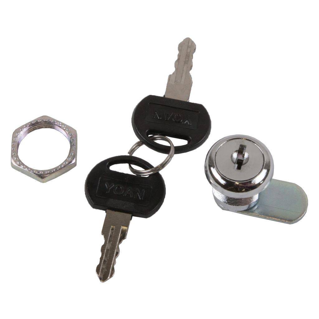 Ein Metallnockenriegel mit zwei Schlüsseln und einer Sechskantmutter.