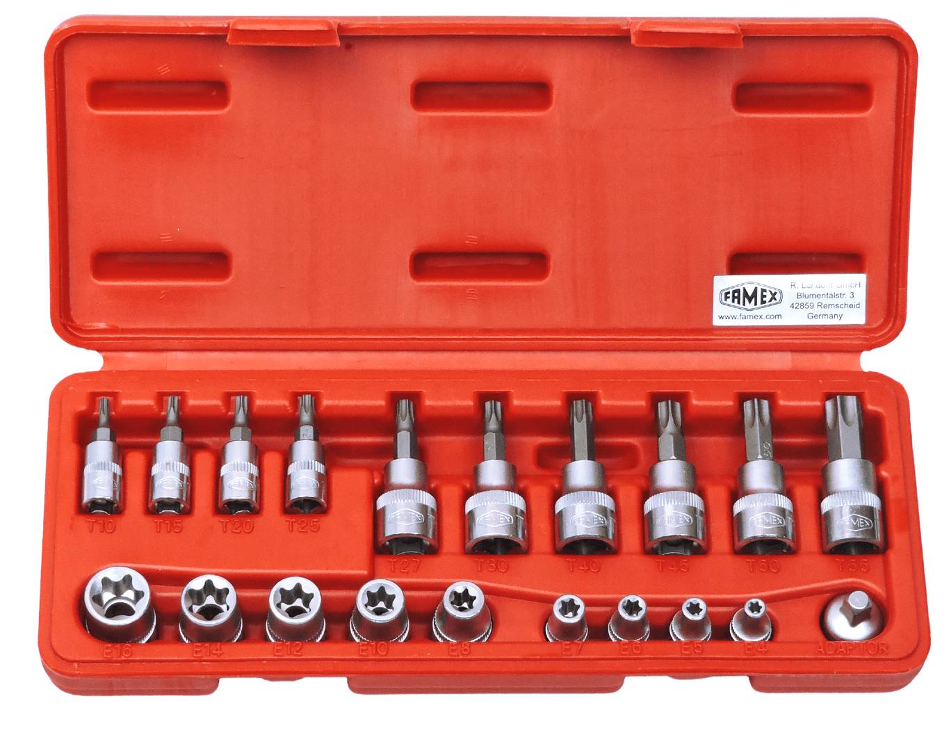 FAMEX 10520 Steckschlüsselsatz für Torx Schrauben und Biteinsätze mit Stirnlochbohrung