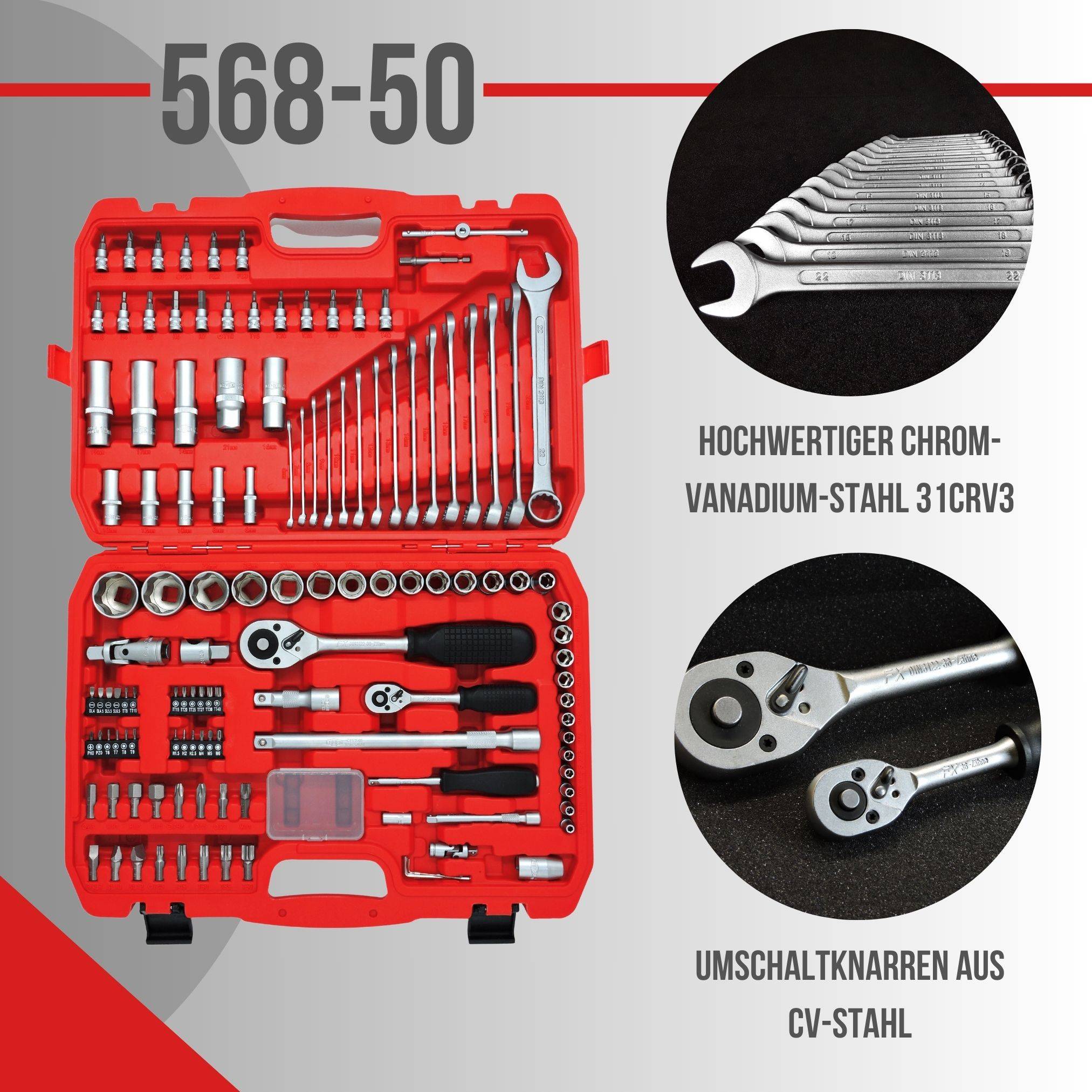 Steckschlüsselsatz FAMEX 568-50 - Ratschenkasten metrisch 1/4" (6.3 mm), 1/2" (12.5 mm) - 125-tlg