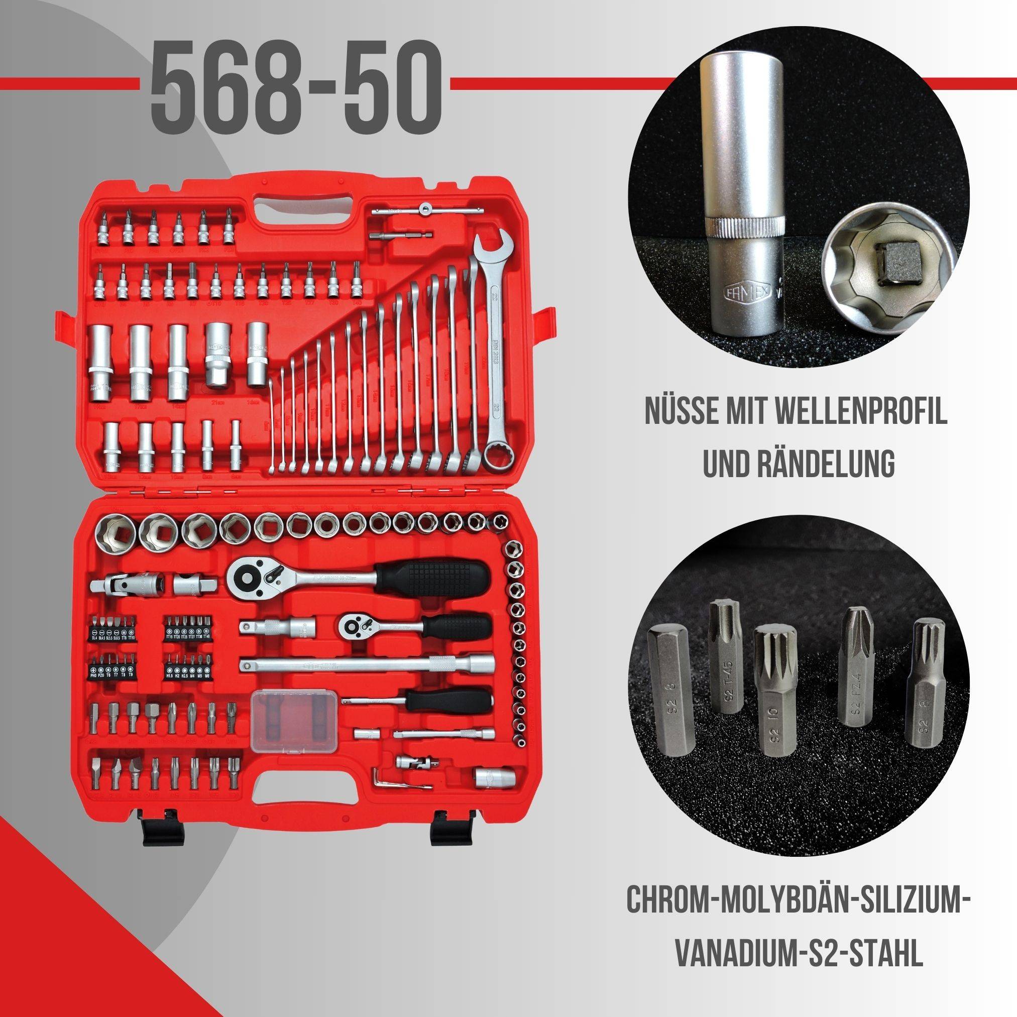 Steckschlüsselsatz FAMEX 568-50 - Ratschenkasten metrisch 1/4" (6.3 mm), 1/2" (12.5 mm) - 125-tlg