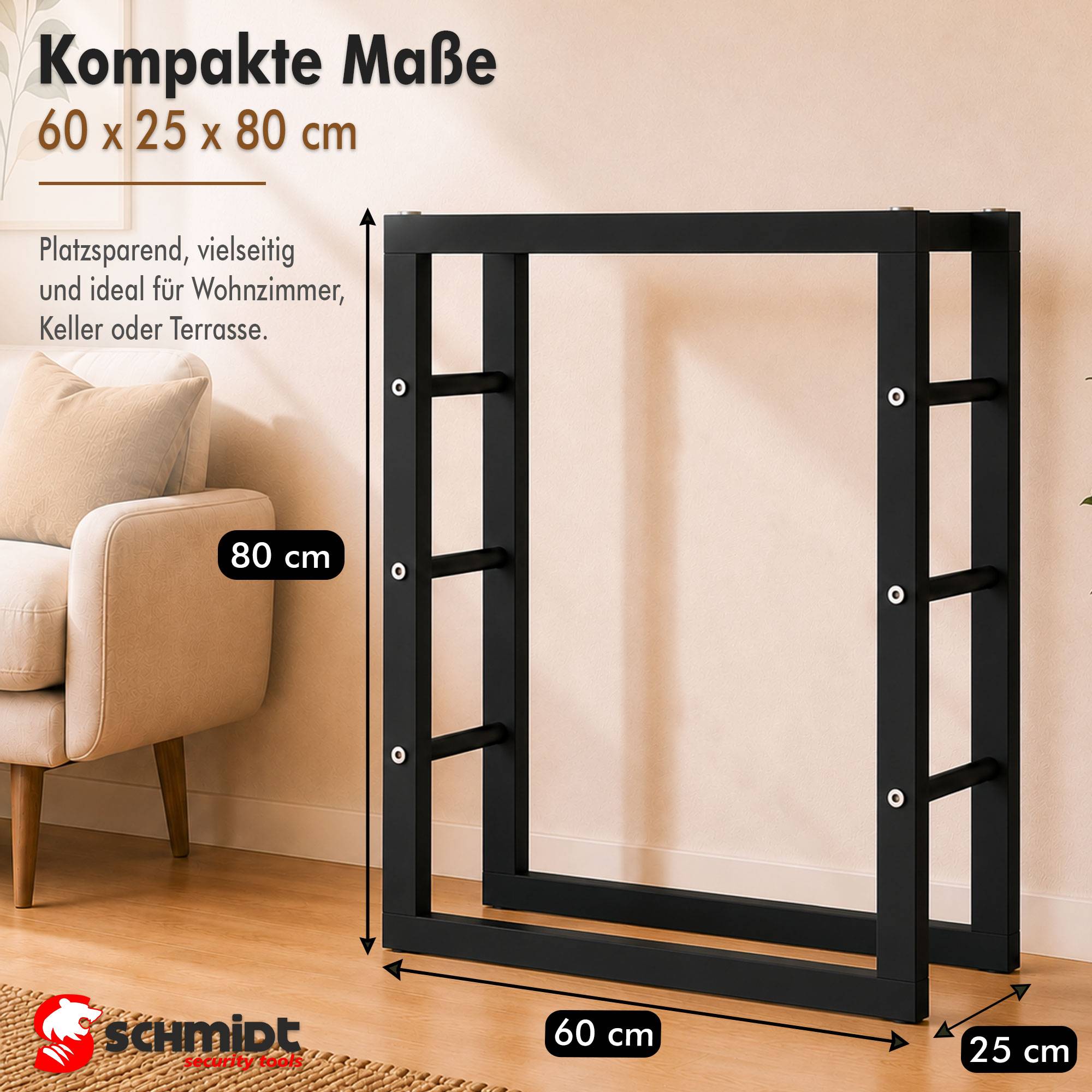 Produktbild zeigt eine schwarze Metalltischbasis mit kompakten Abmessungen von 60 x 25 x 80 cm und Hinweisen, dass sie für Wohnzimmer, Keller oder Terrasse geeignet ist.