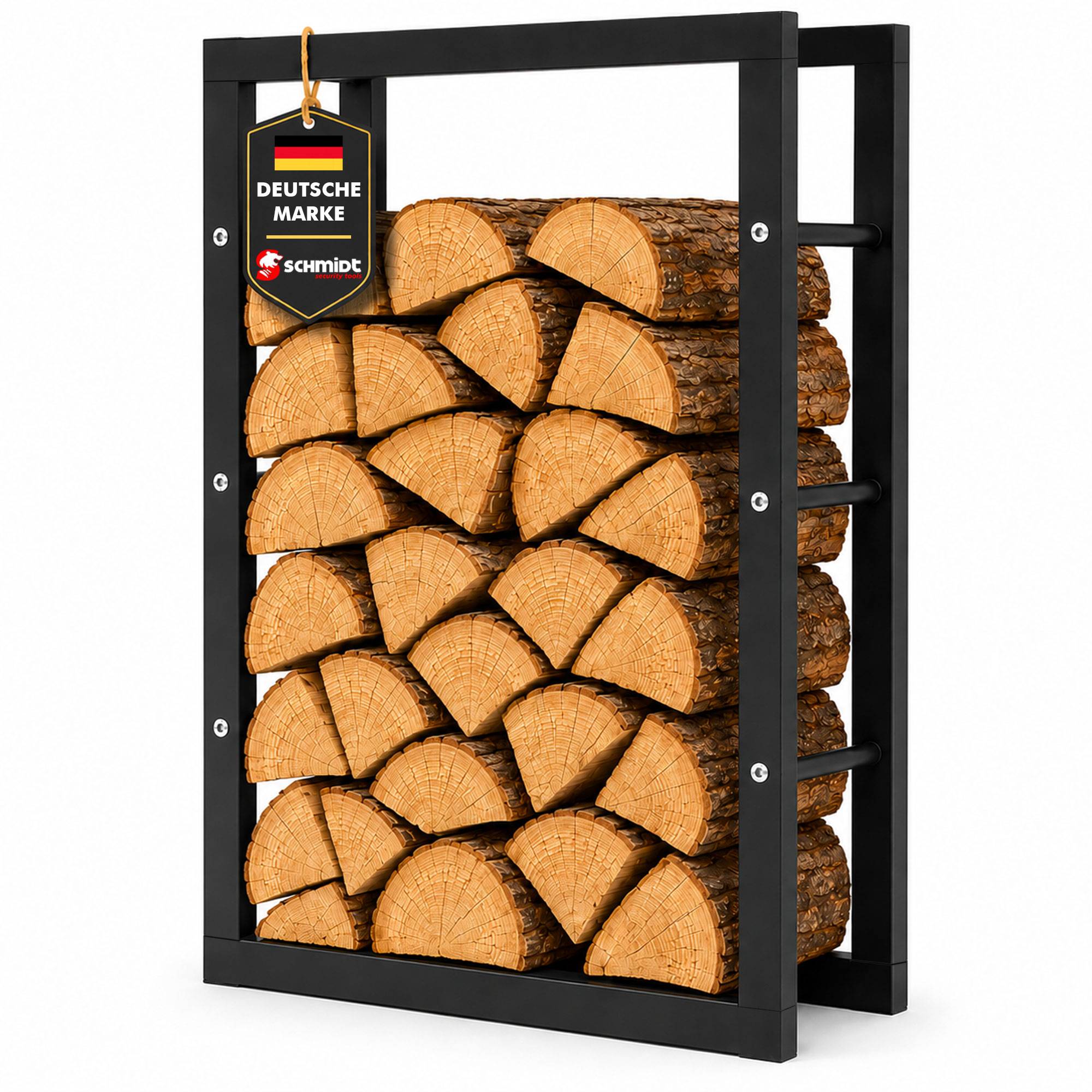 Schwarzes Metallholzregal gefüllt mit gespaltenen Holzscheiten, mit einem hängenden 