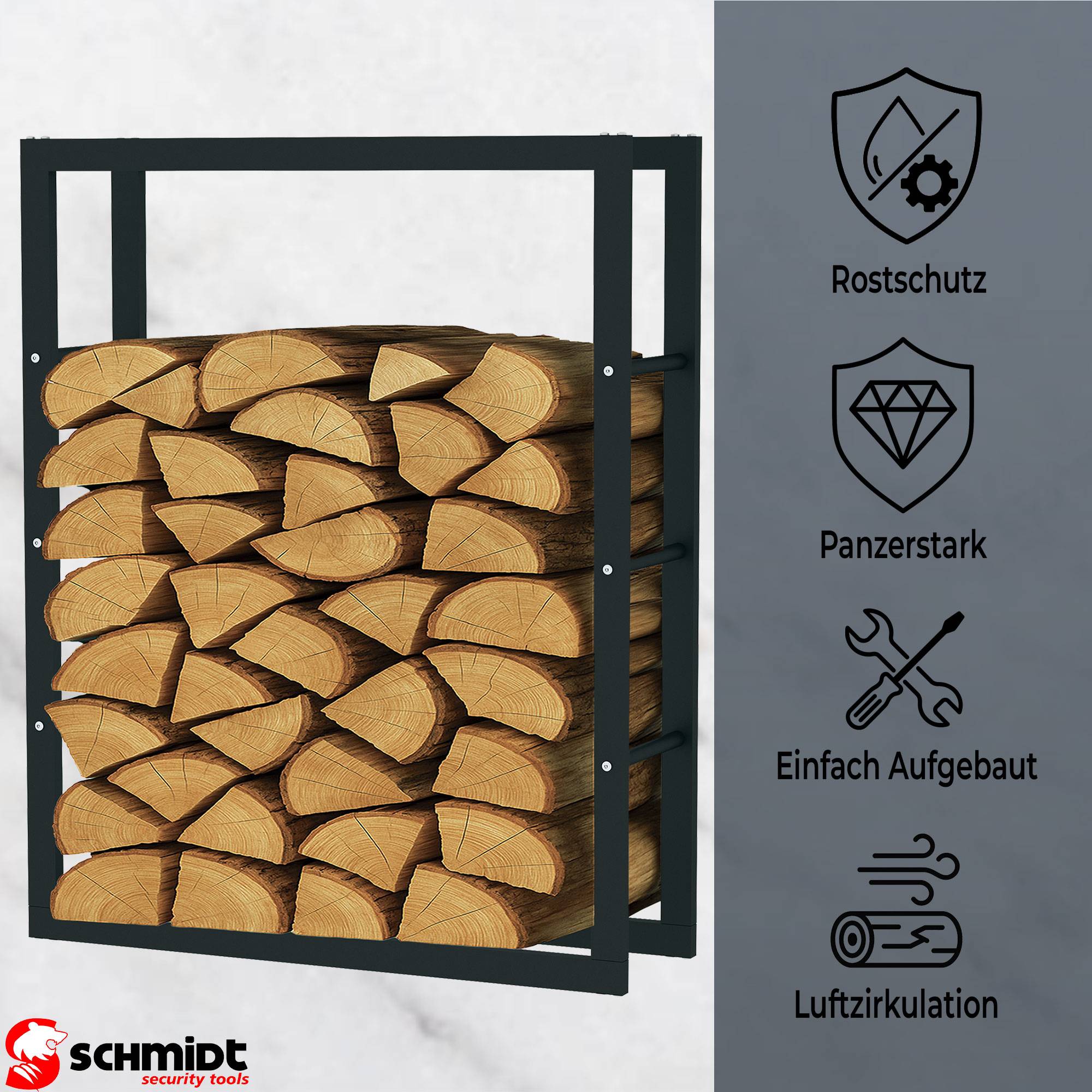 SCHMIDT Kaminholzregal Metall Schwarz 80x25x100cm – Innen & Außen – Brennholzregal, Feuerholzregal, Holzstapelhilfe, Holzunterstand, Kaminholzst