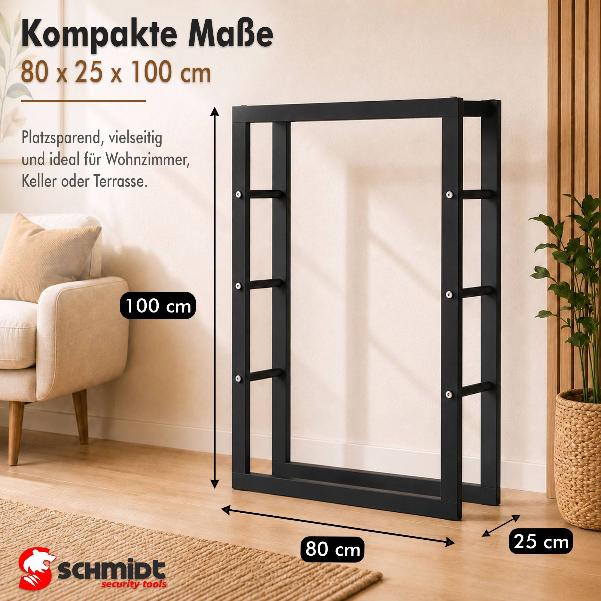 Produktanzeige für ein schwarzes Metall-Lagerregal/Gestell mit den Abmessungen 80 x 25 x 100 cm, gekennzeichnet als platzsparend und vielseitig einsetzbar für Wohnzimmer, Keller oder Terrasse.