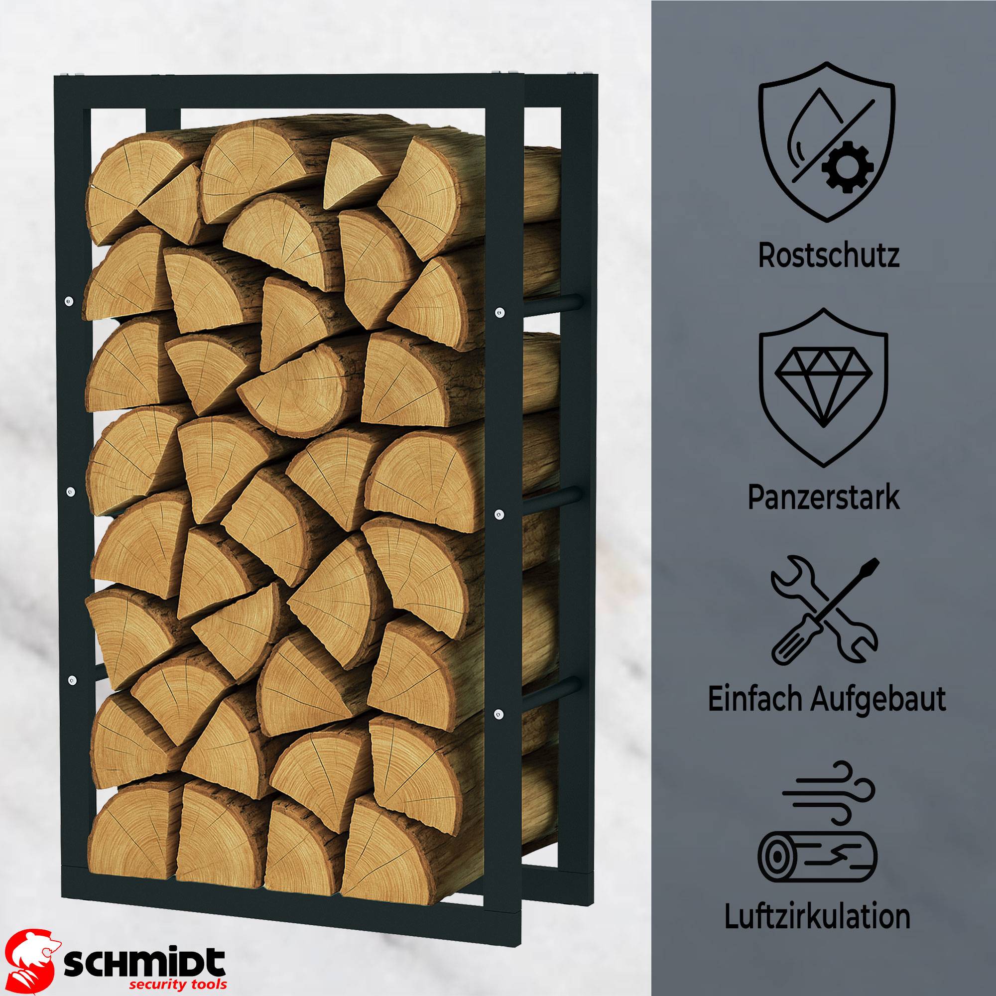 SCHMIDT Kaminholzregal Metall Schwarz 60x25x100cm – Innen & Außen – Brennholzregal, Feuerholzregal, Holzstapelhilfe, Holzunterstand, Kaminholzst
