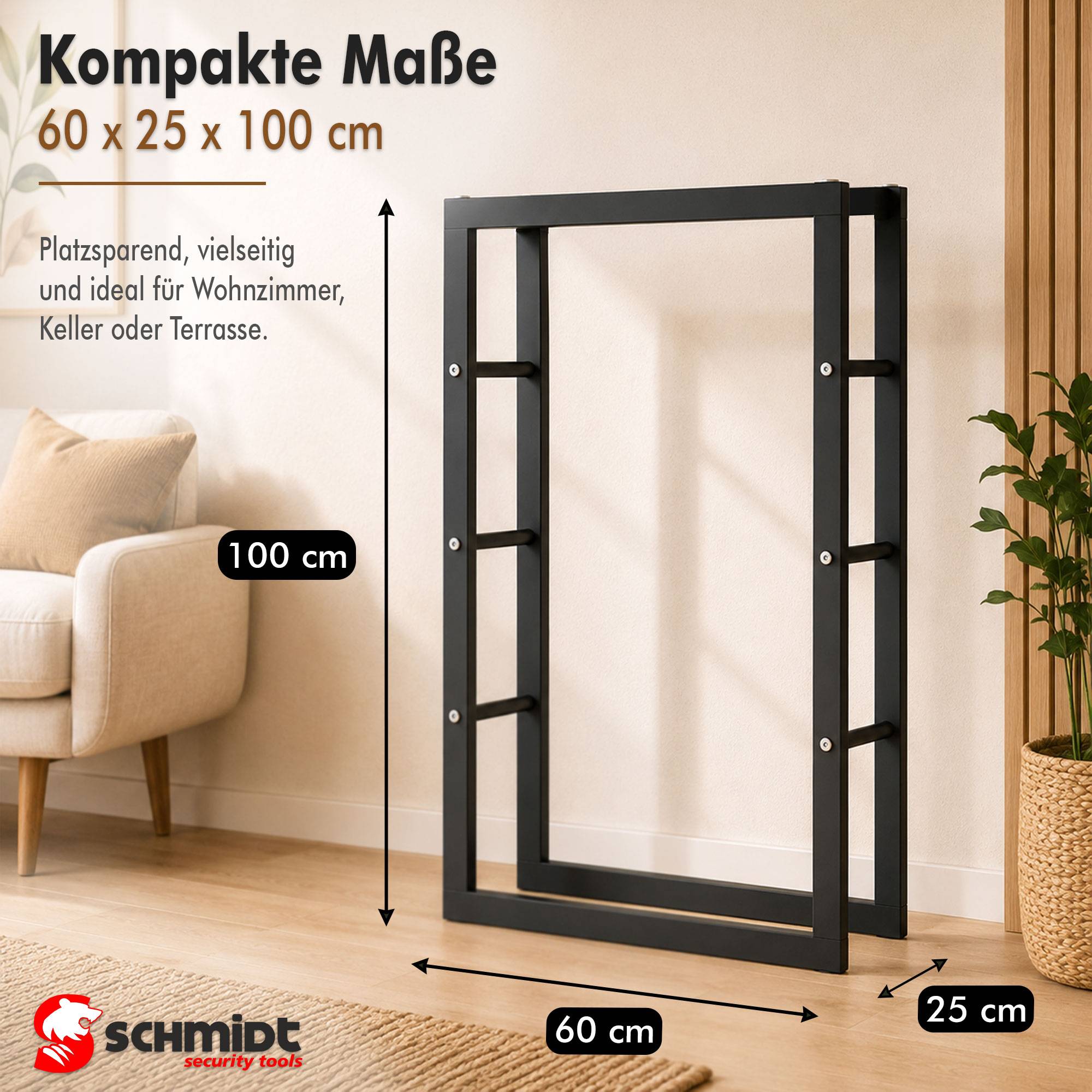 Produktgröße-Grafik zeigt ein schwarzes, an der Wand montiertes Regal: 60 x 25 x 100 cm, gekennzeichnet als platzsparend und geeignet für Wohnzimmer, Keller oder Terrasse.