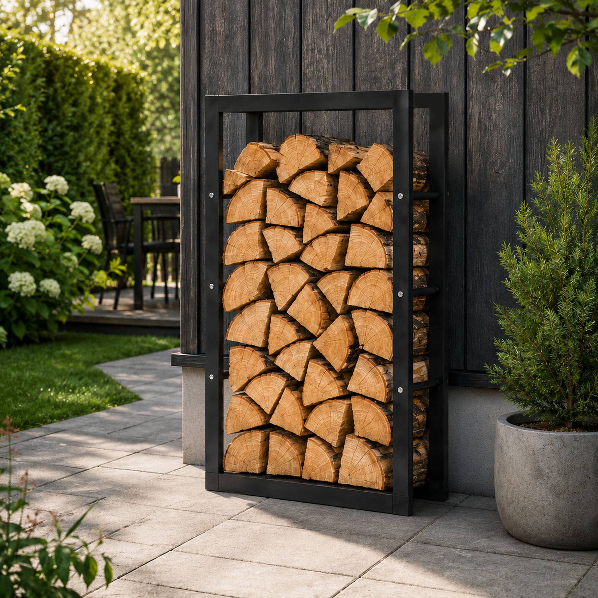 Gestapeltes Schnittholz, das in einem schwarzen Metallgestell neben einer dunklen Holzwand auf einer gepflasterten Terrasse gelagert wird, mit Gartenpflanzen rundherum.