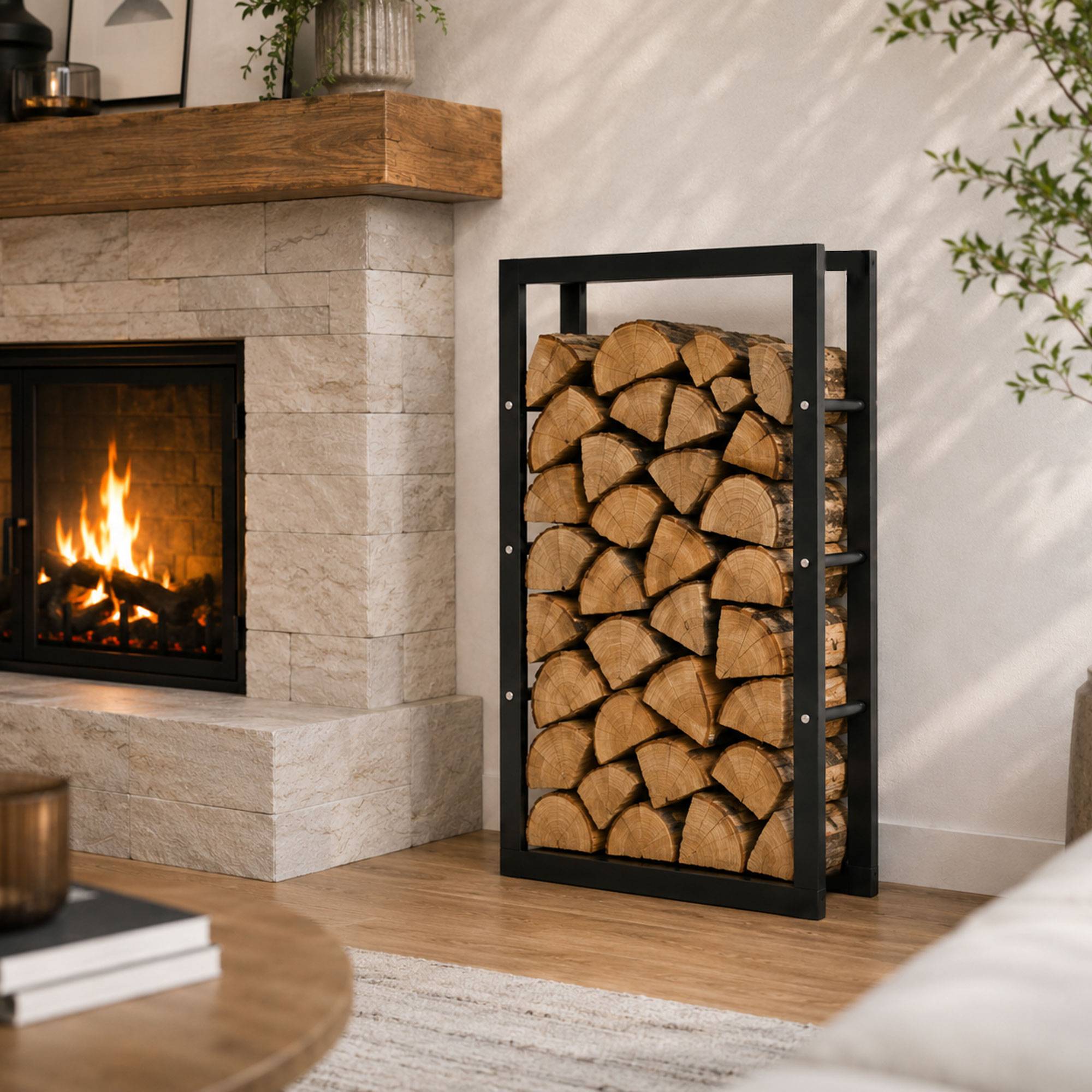 Ein modernes Wohnzimmer mit einem leuchtenden Kamin neben einem schwarzen Metallregal, das mit Brennholz gestapelt ist.