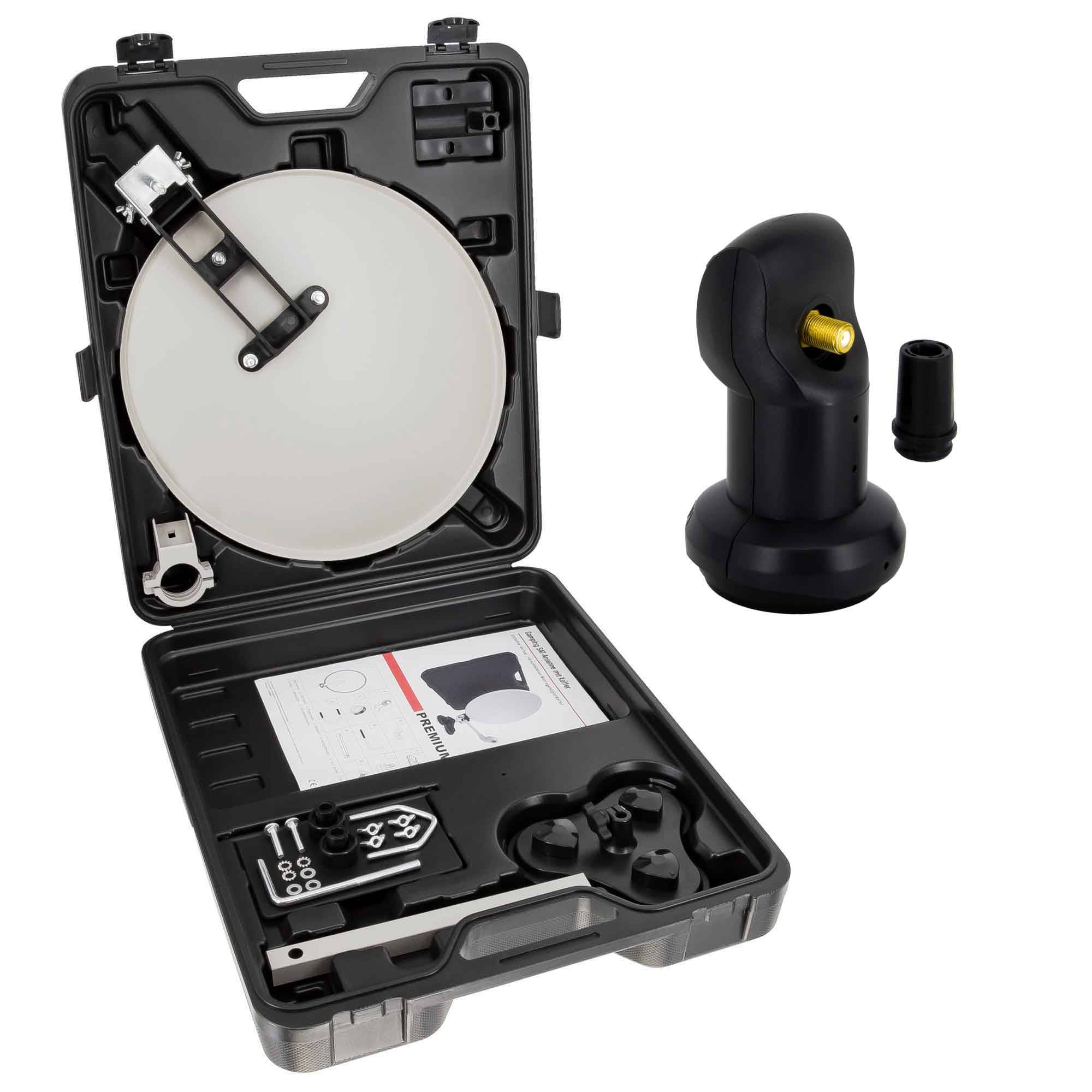 PremiumX Camping SAT Anlage Satellitenschüssel Single LNB Tischhalter Masthalter Saugfuß im Koffer Camp Zubehör