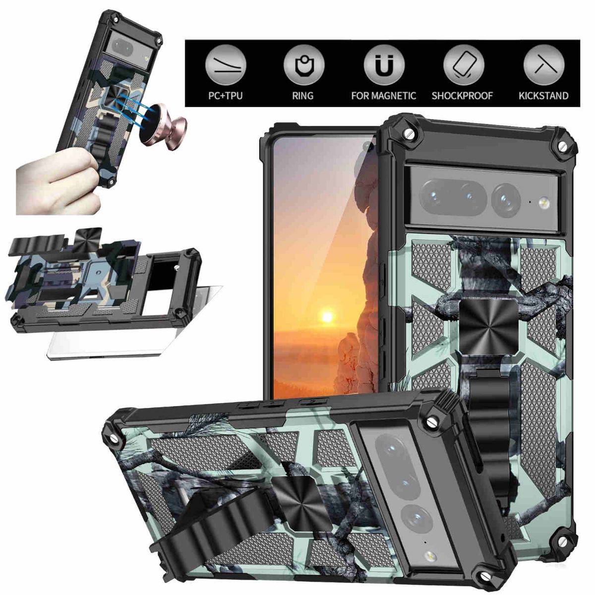 Für Google Pixel 7 Pro Camouflage Shockproof Armor Military TPU Schutz Tasche Hülle Cover Hell Grün