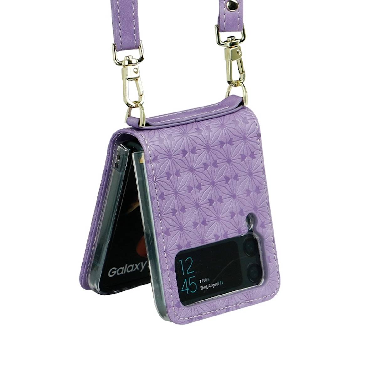 Für Samsung Galaxy Z Flip4 5G Kunstleder Geprägt Design mit Gurt Handy Tasche Hülle Etuis Lila