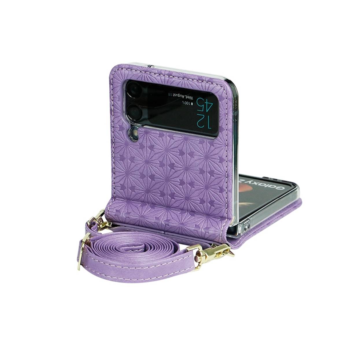 Für Samsung Galaxy Z Flip4 5G Kunstleder Geprägt Design mit Gurt Handy Tasche Hülle Etuis Lila