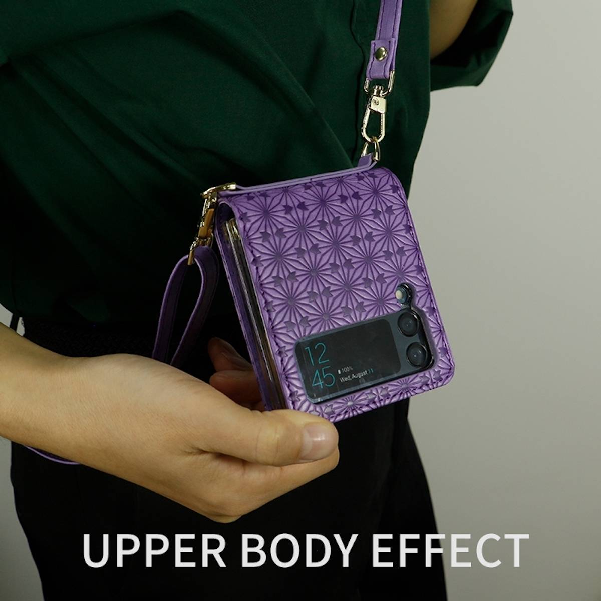 Für Samsung Galaxy Z Flip4 5G Kunstleder Geprägt Design mit Gurt Handy Tasche Hülle Etuis Lila