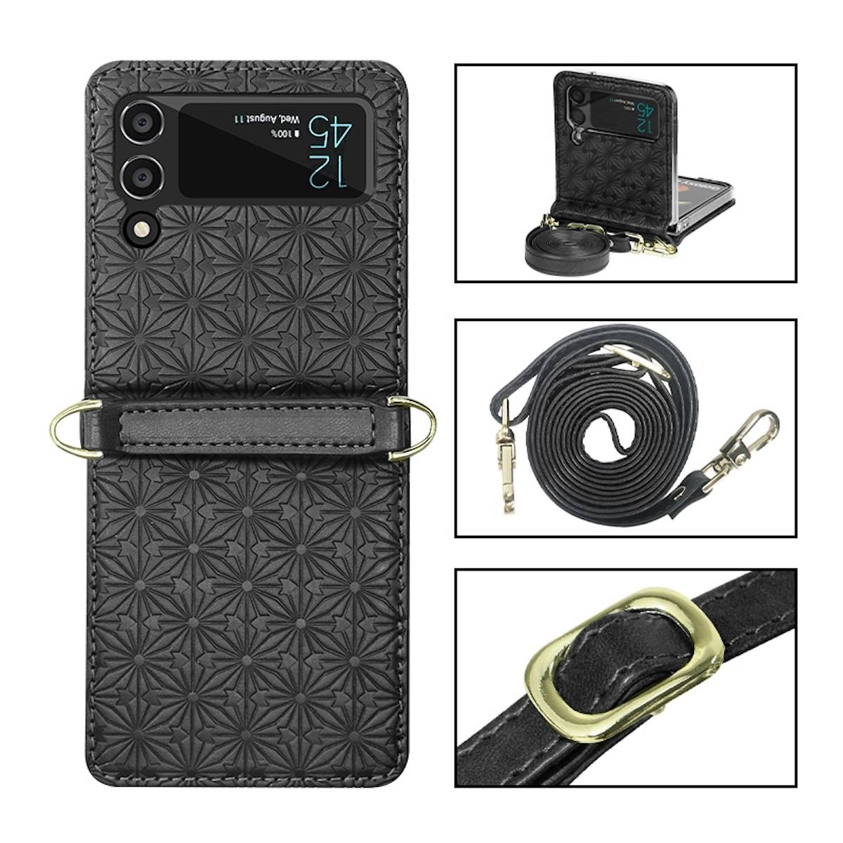 Für Samsung Galaxy Z Flip4 5G Kunstleder Geprägt Design mit Gurt Handy Tasche Hülle Etuis Schwarz