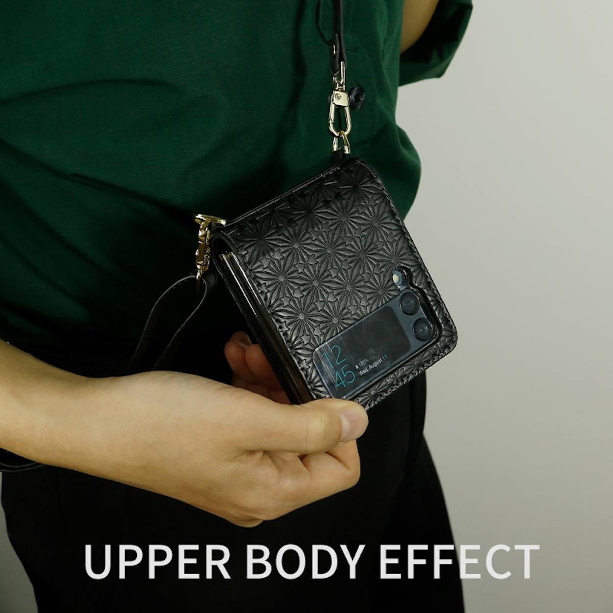 Für Samsung Galaxy Z Flip4 5G Kunstleder Geprägt Design mit Gurt Handy Tasche Hülle Etuis Schwarz