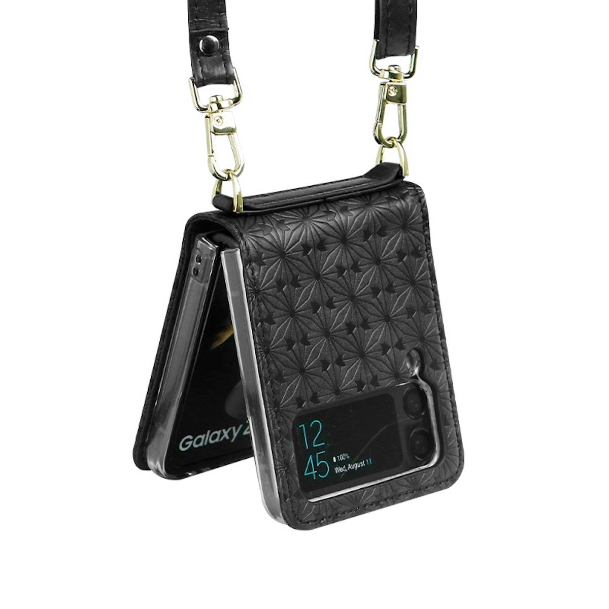 Für Samsung Galaxy Z Flip4 5G Kunstleder Geprägt Design mit Gurt Handy Tasche Hülle Etuis Schwarz