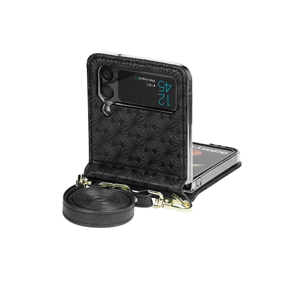 Für Samsung Galaxy Z Flip4 5G Kunstleder Geprägt Design mit Gurt Handy Tasche Hülle Etuis Schwarz
