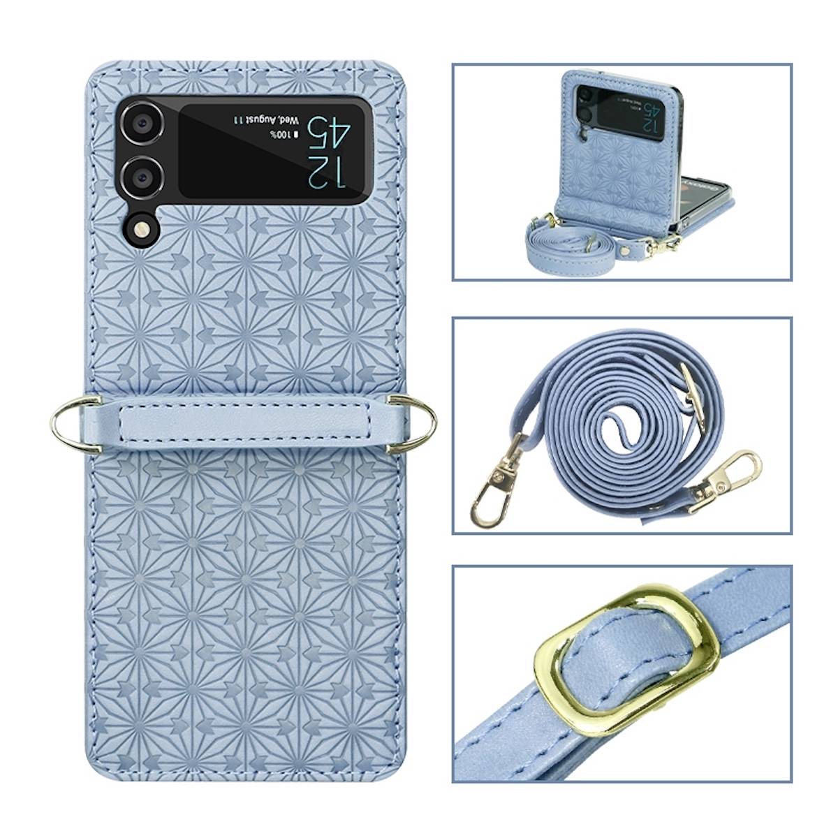 Für Samsung Galaxy Z Flip4 5G Kunstleder Geprägt Design mit Gurt Handy Tasche Hülle Etuis Blau