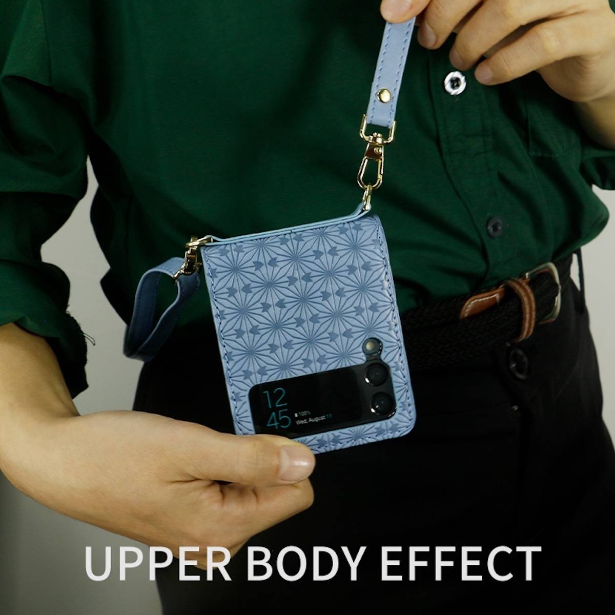 Für Samsung Galaxy Z Flip4 5G Kunstleder Geprägt Design mit Gurt Handy Tasche Hülle Etuis Blau