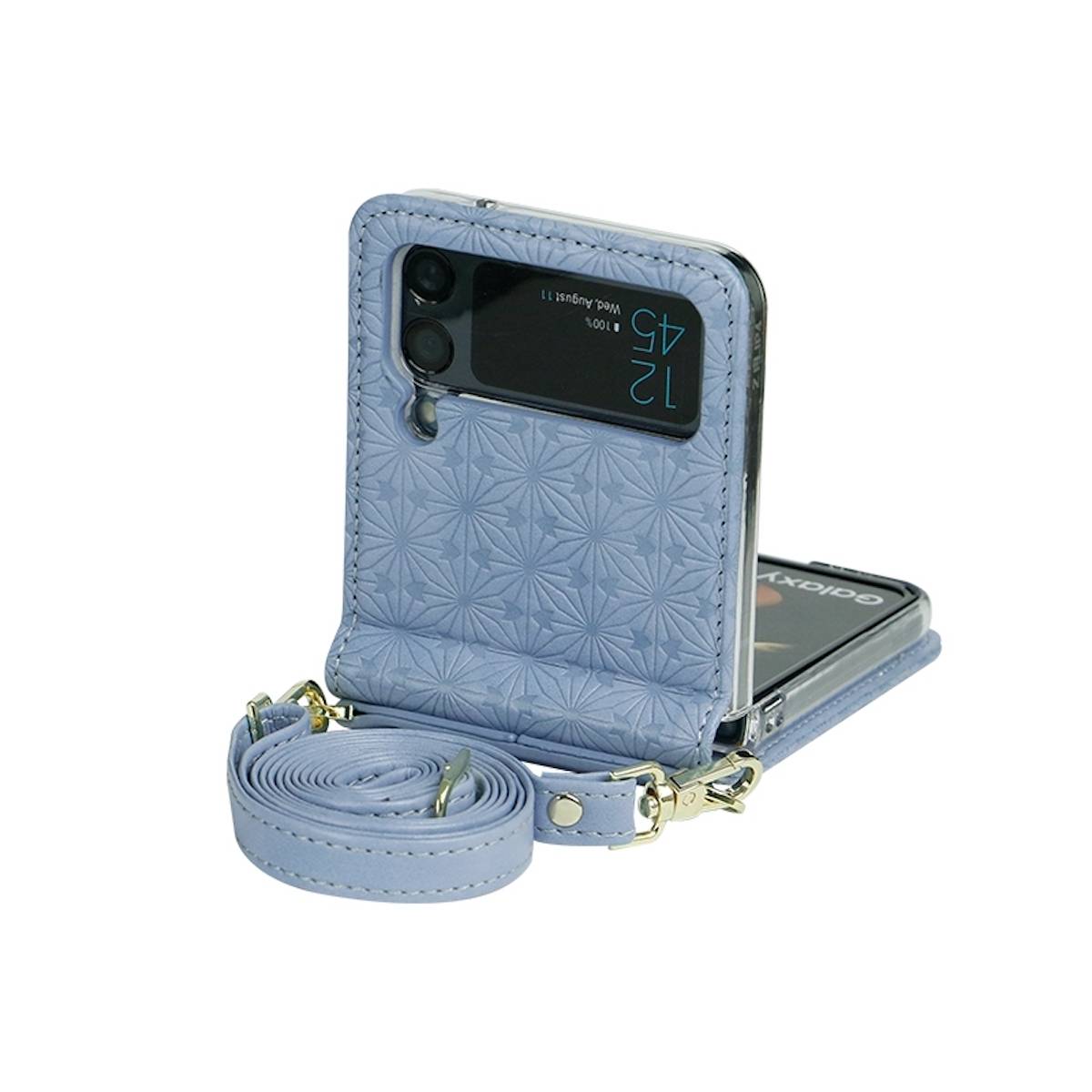 Für Samsung Galaxy Z Flip4 5G Kunstleder Geprägt Design mit Gurt Handy Tasche Hülle Etuis Blau