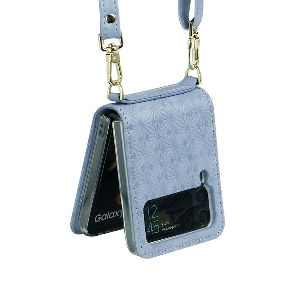 Für Samsung Galaxy Z Flip4 5G Kunstleder Geprägt Design mit Gurt Handy Tasche Hülle Etuis Blau