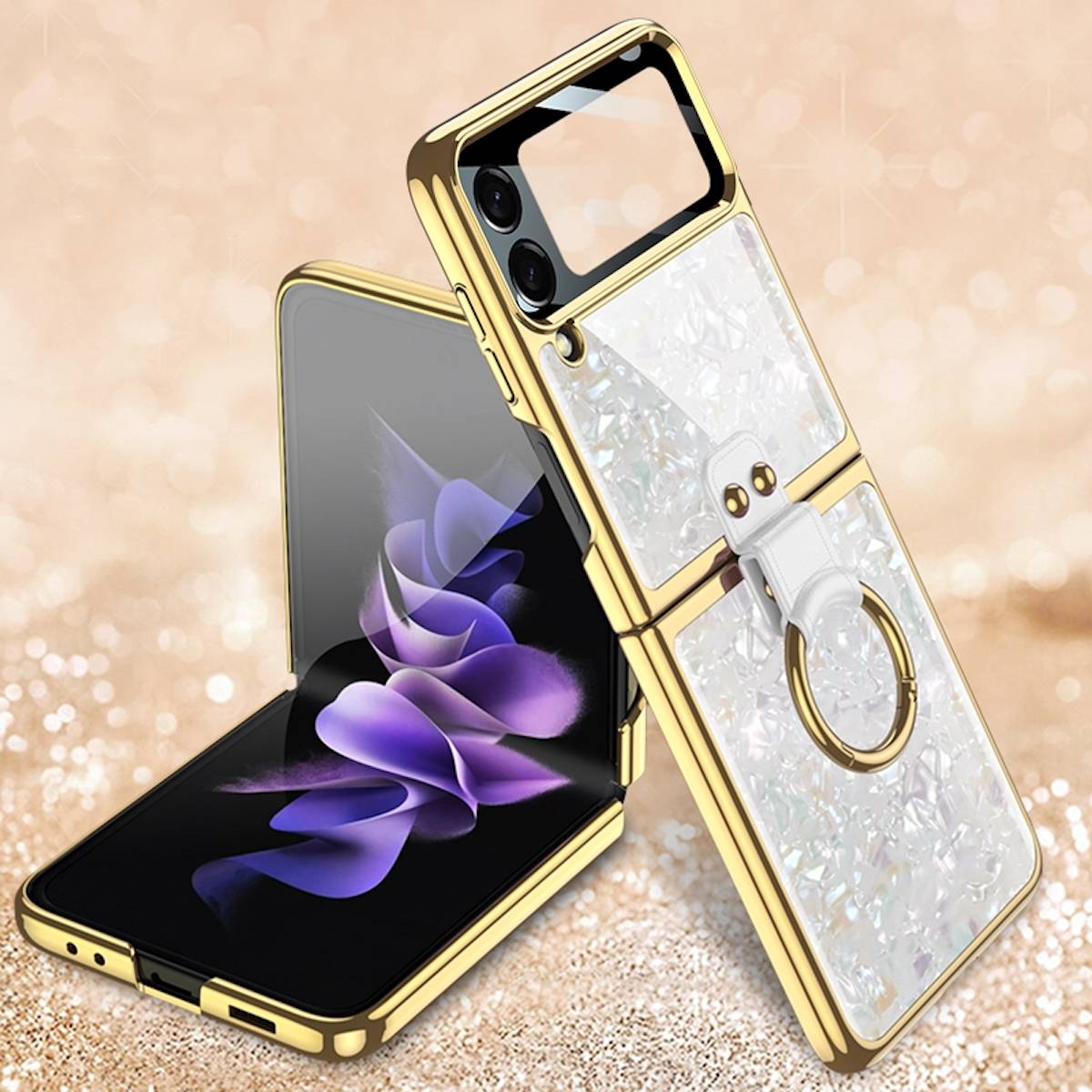 Für Samsung Galaxy Z Fold4 5G Galvanik mit Ring Kunststoff Handy Tasche Hülle Etuis Weiß