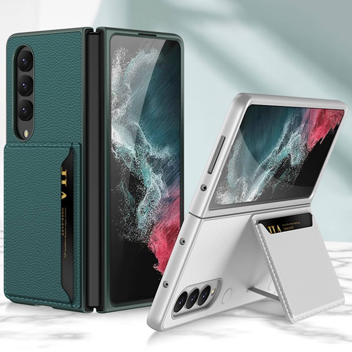 Für Samsung Galaxy Z Fold4 5G Kartenfach Flip Cover Kunstleder Handy Tasche Hülle Etuis Gold