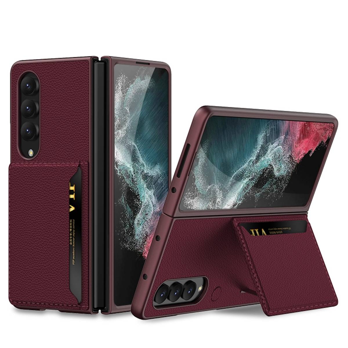 Für Samsung Galaxy Z Fold4 5G Kartenfach Flip Cover Kunstleder Handy Tasche Hülle Etuis Weinrot