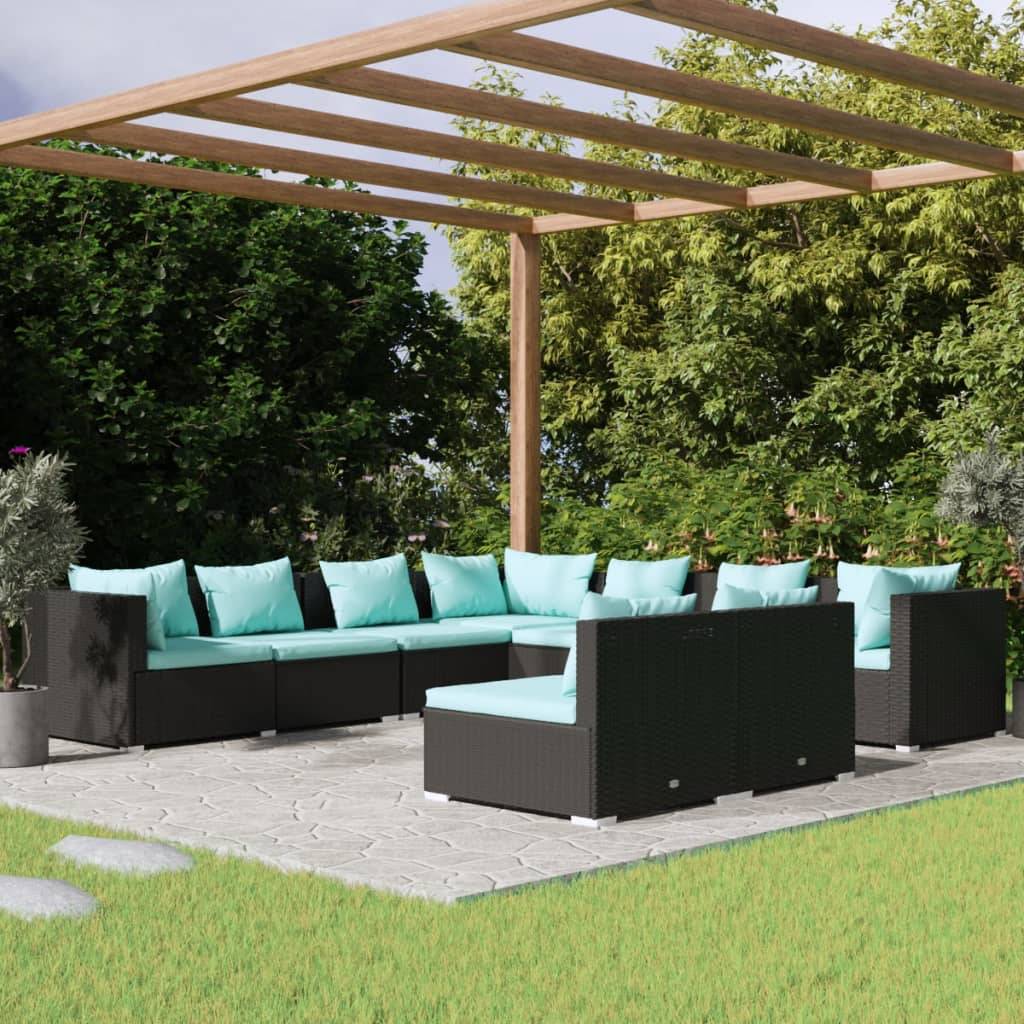 vidaXL 9-tlg. Garten-Lounge-Set mit Kissen Schwarz Poly Rattan