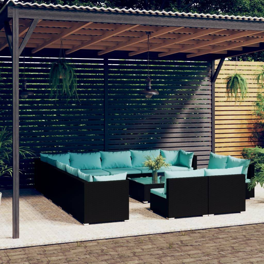 vidaXL 14-tlg. Garten-Lounge-Set mit Kissen Schwarz Poly Rattan
