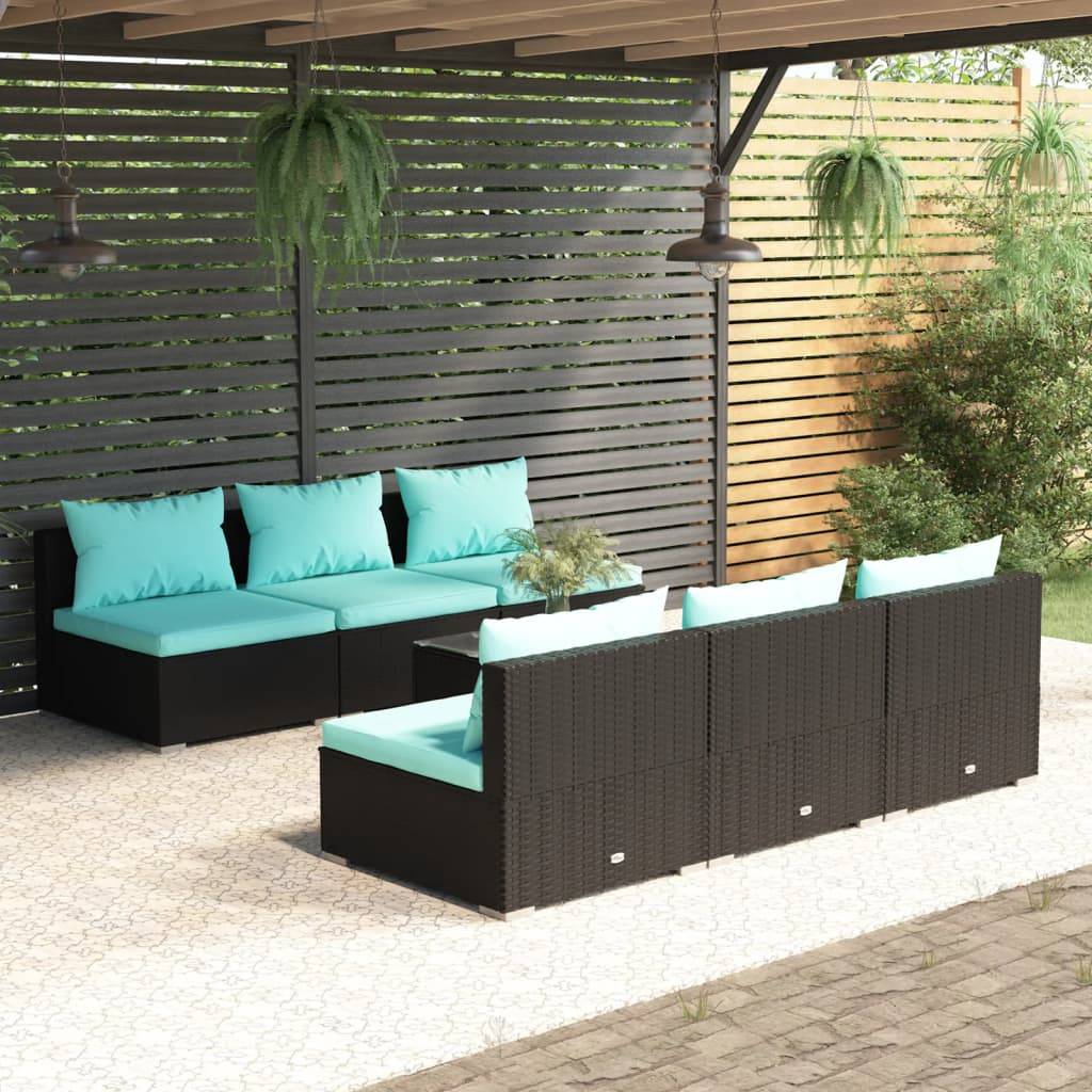vidaXL 7-tlg. Garten-Lounge-Set mit Auflagen Poly Rattan Schwarz