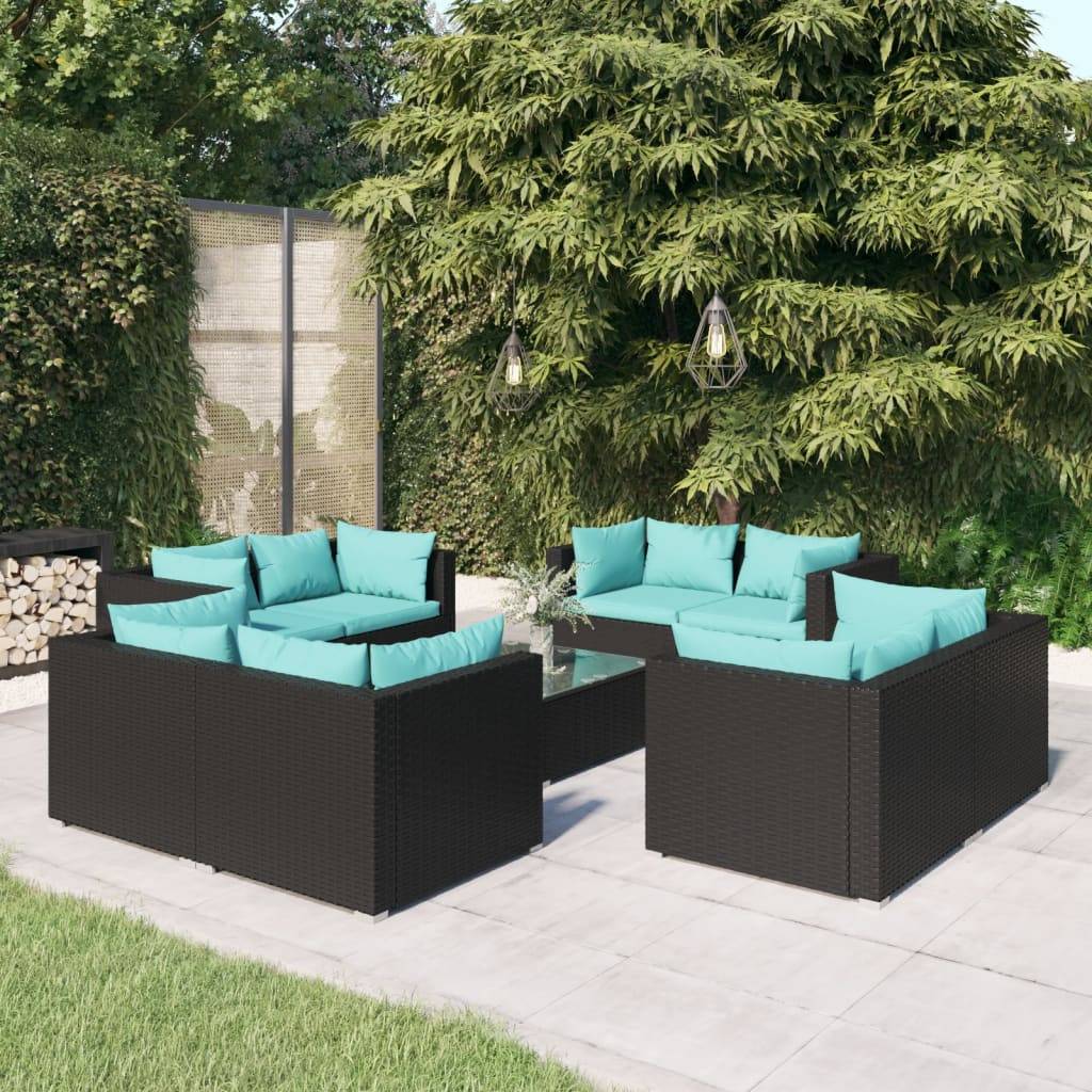 vidaXL 9-tlg. Garten-Lounge-Set mit Kissen Poly Rattan Schwarz