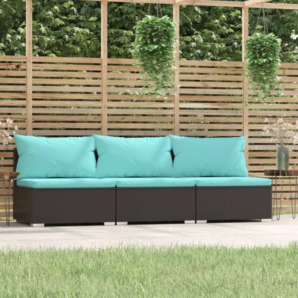 vidaXL 3-Sitzer-Sofa mit Auflagen Schwarz Poly Rattan