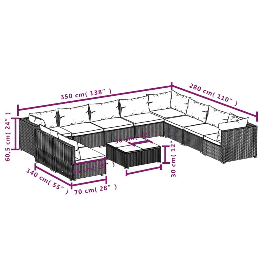 vidaXL 11-tlg. Garten-Lounge-Set mit Kissen Schwarz Poly Rattan