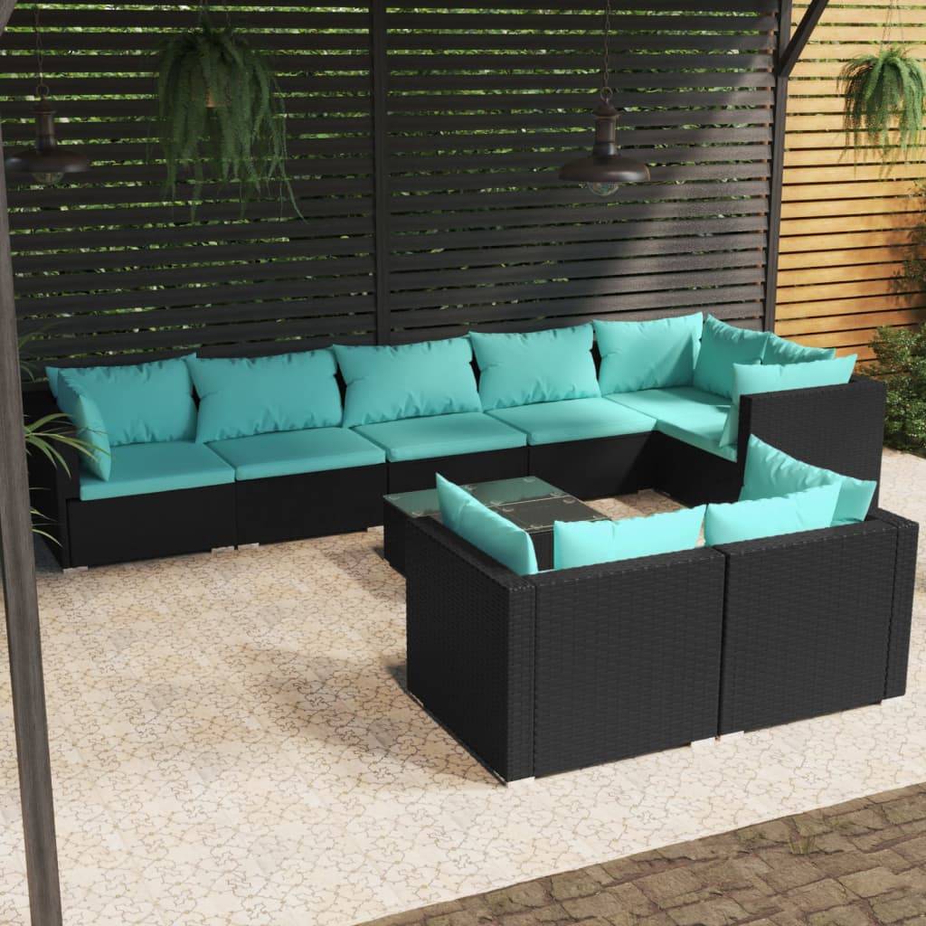vidaXL 9-tlg. Garten-Lounge-Set mit Kissen Schwarz Poly Rattan
