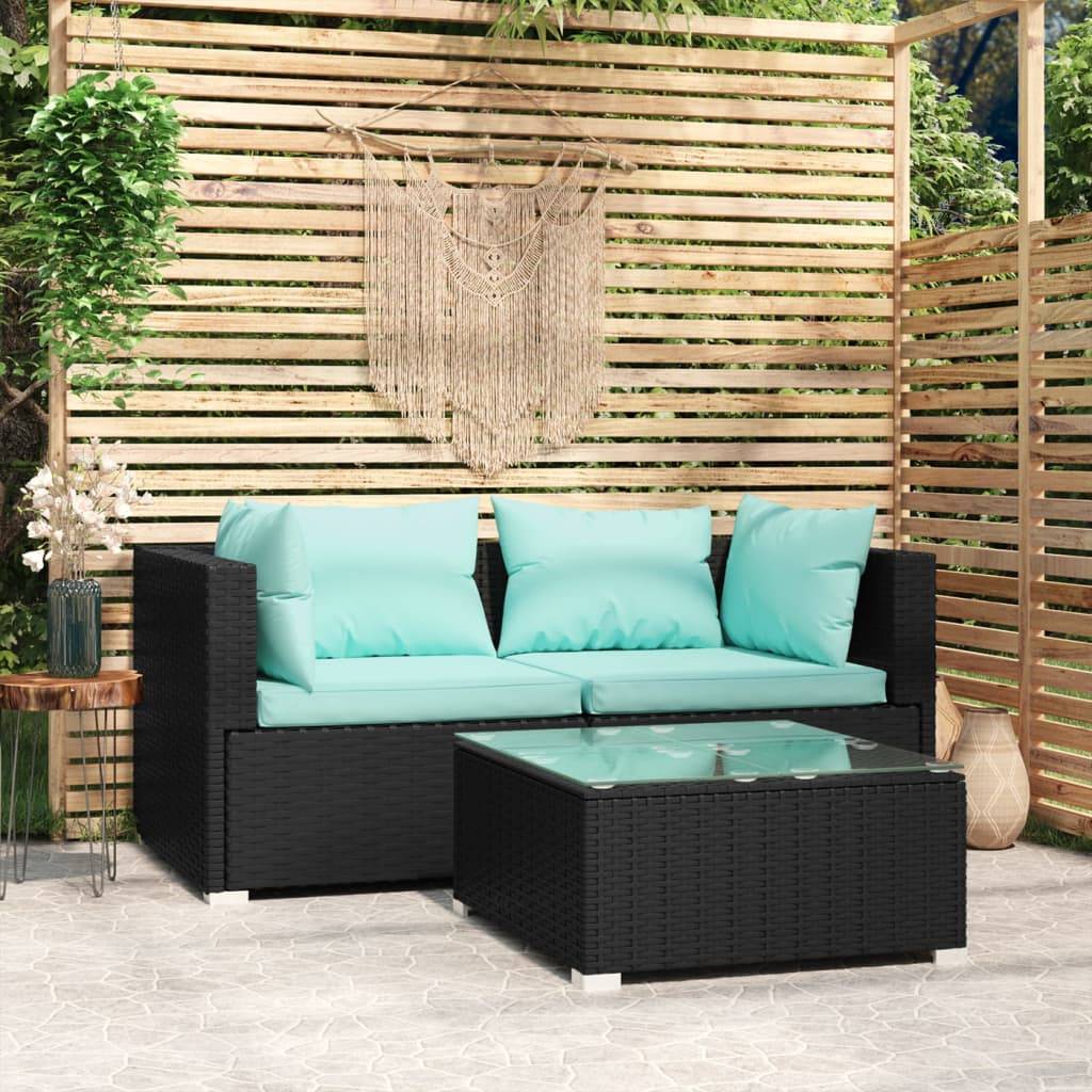 vidaXL 3-tlg. Garten-Lounge-Set mit Kissen Schwarz Poly Rattan