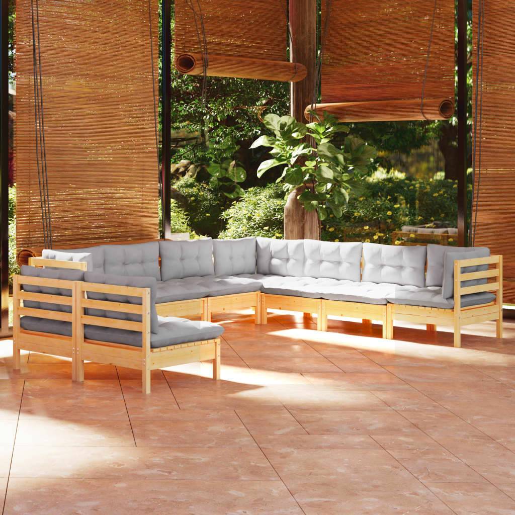 vidaXL 9-tlg. Garten-Lounge-Set mit Grauen Kissen Massivholz Kiefer
