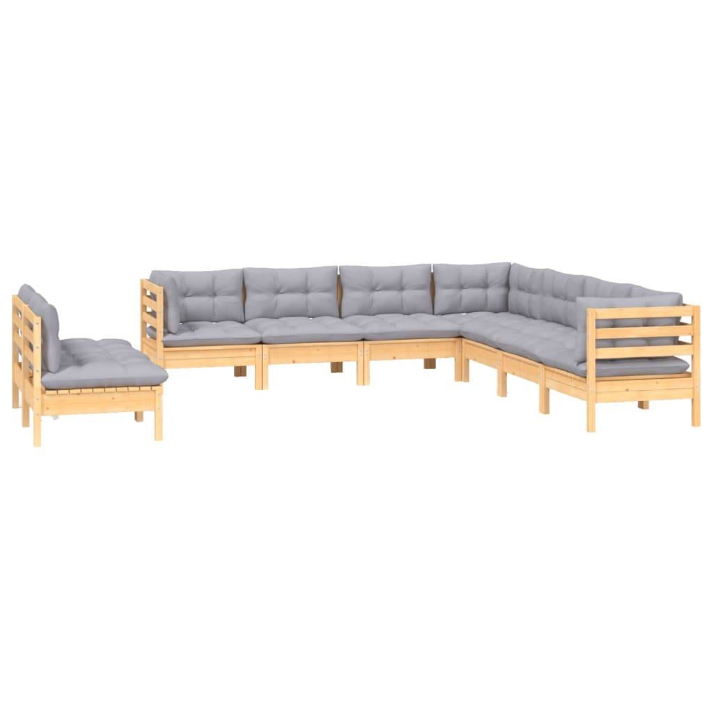 vidaXL 9-tlg. Garten-Lounge-Set mit Grauen Kissen Massivholz Kiefer