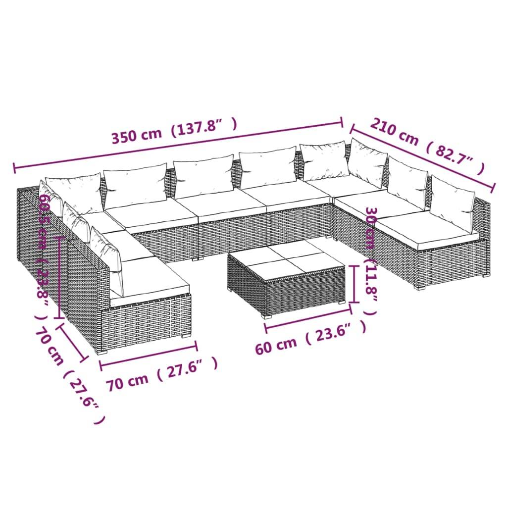vidaXL 10-tlg. Garten-Lounge-Set mit Kissen Poly Rattan Schwarz