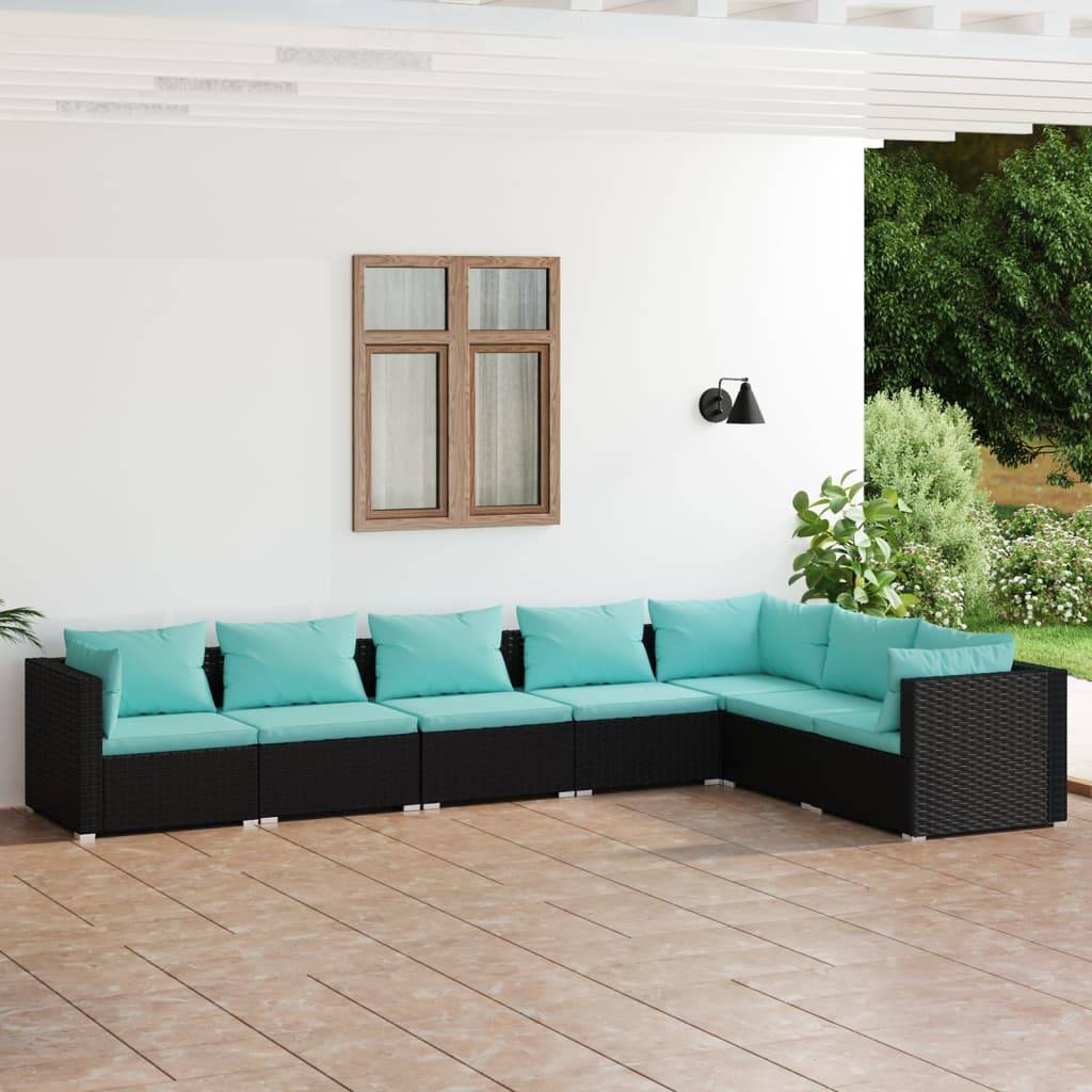 vidaXL 7-tlg. Garten-Lounge-Set mit Kissen Poly Rattan Schwarz