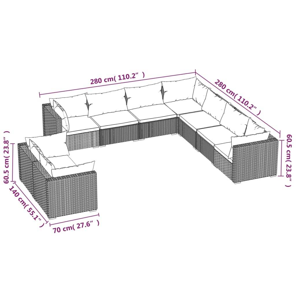 vidaXL 9-tlg. Garten-Lounge-Set mit Kissen Schwarz Poly Rattan
