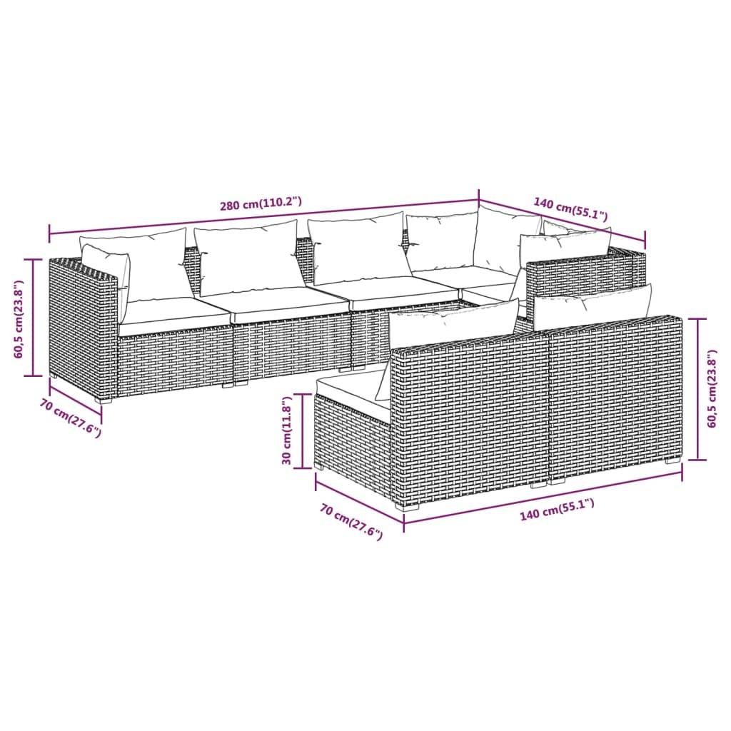 vidaXL 7-tlg. Garten-Lounge-Set mit Kissen Schwarz Poly Rattan