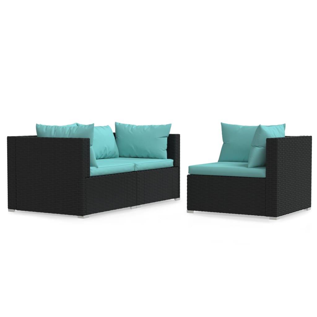 vidaXL 3-tlg. Garten-Lounge-Set mit Kissen Schwarz Poly Rattan