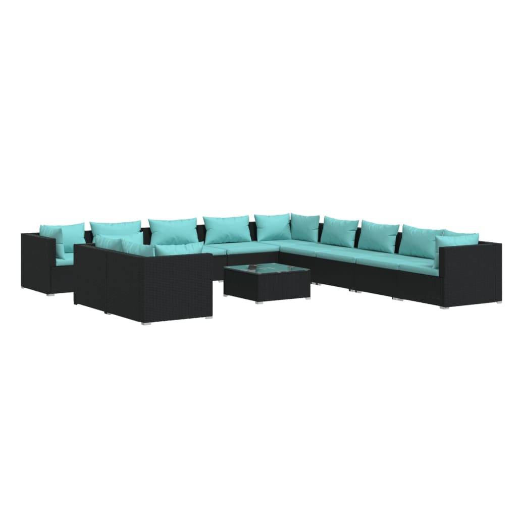 vidaXL 12-tlg. Garten-Lounge-Set mit Kissen Schwarz Poly Rattan