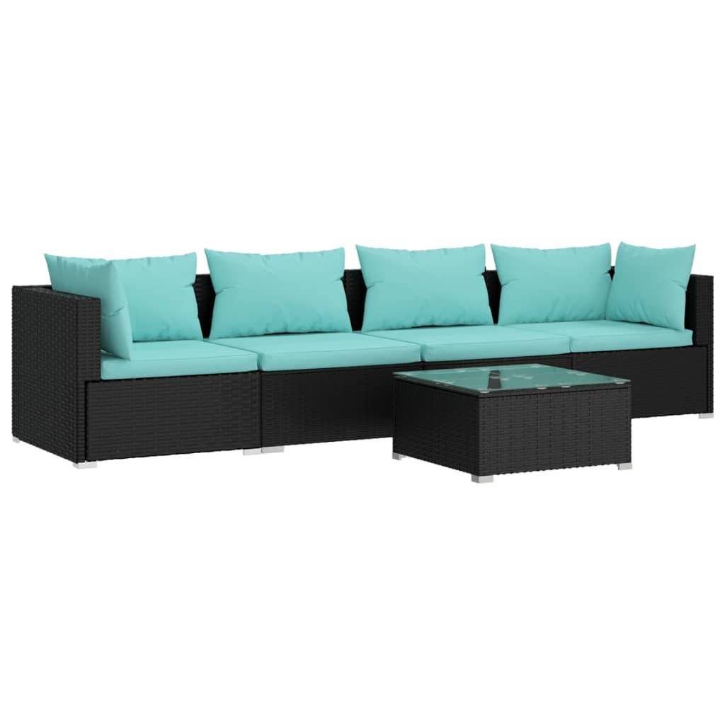 vidaXL 5-tlg. Garten-Lounge-Set mit Kissen Poly Rattan Schwarz