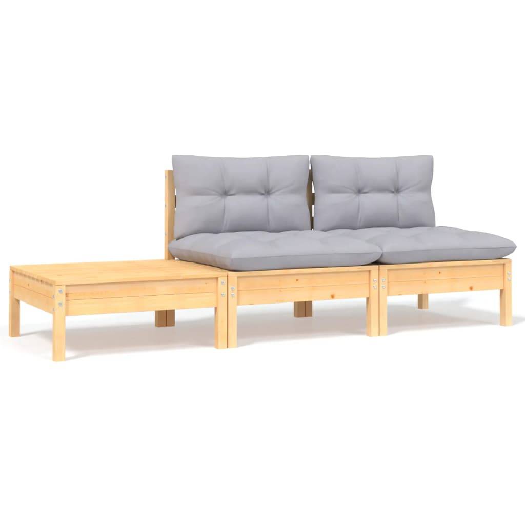 vidaXL 3-tlg. Garten-Lounge-Set mit Kissen Grau Kiefer Massivholz