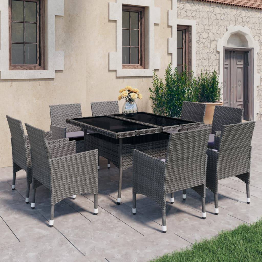 vidaXL 9-tlg. Garten-Essgruppe Poly Rattan und Glas Grau