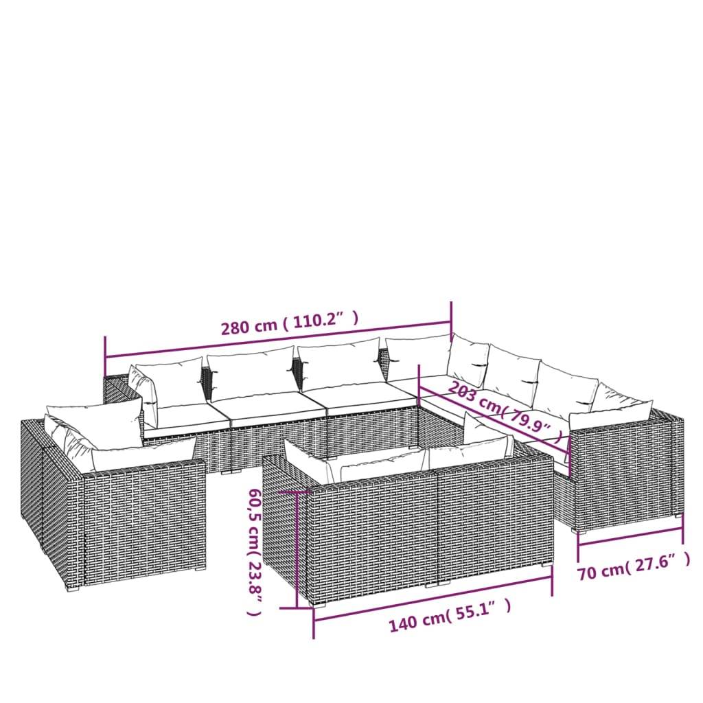 vidaXL 11-tlg. Garten-Lounge-Set mit Kissen Braun Poly Rattan